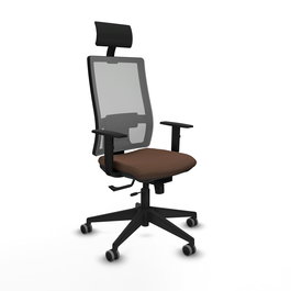 Silla de oficina Horna con mecanismo Sincro/Traslack tapizada con Tela color Marrón oscuro y malla color Gris. Equipada con lumbar 1D, Brazos 1D, Cabecero Fijo y Ruedas 65 mm parqué