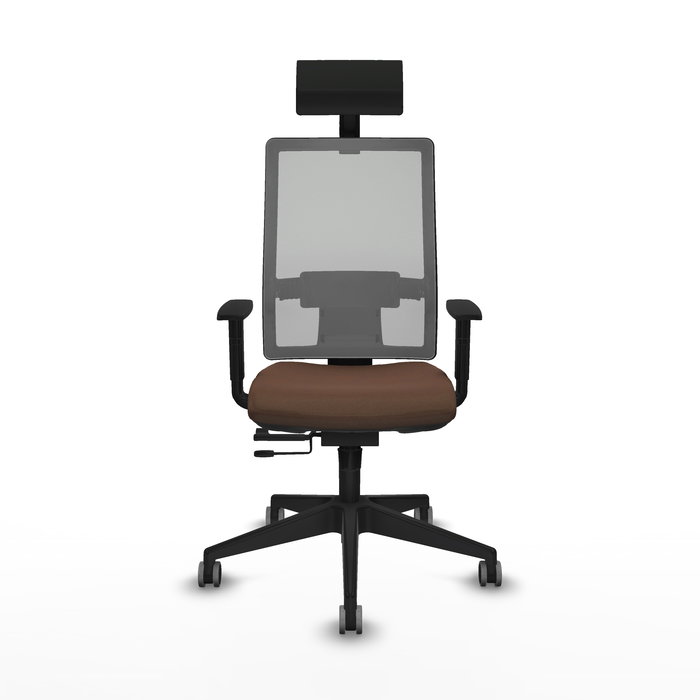 Silla de oficina Horna con mecanismo Sincro/Traslack tapizada con Tela color Marrón oscuro y malla color Gris. Equipada con lumbar 1D, Brazos 1D, Cabecero Fijo y Ruedas 65 mm parqué