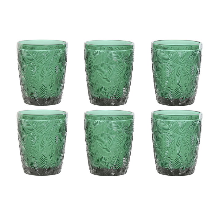 DKD Home Decor Set de 6 Vasos de Cristal Verde con Diseño de Hojas en Relieve 300ml