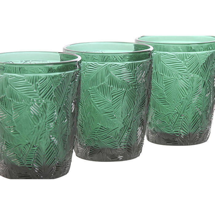 DKD Home Decor Set de 6 Vasos de Cristal Verde con Diseño de Hojas en Relieve 300ml