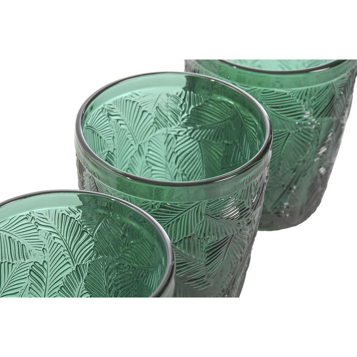 DKD Home Decor Set de 6 Vasos de Cristal Verde con Diseño de Hojas en Relieve 300ml
