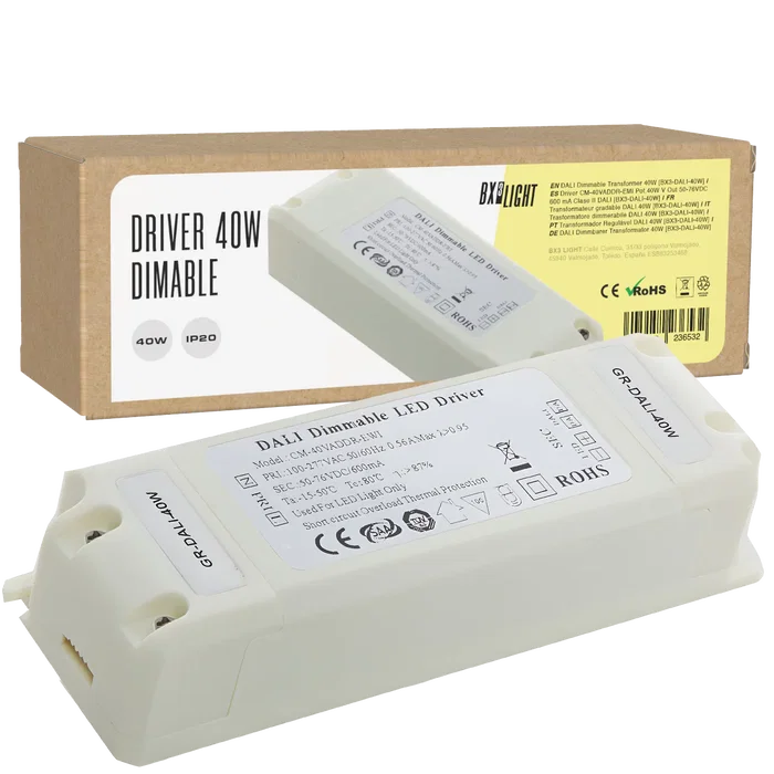 BX3 LIGHT Driver LED CM-40VADDR-EMI 40W 600mA 50-76VDC con protocolo DALI, Clase II, filtrado EMI, para iluminación profesional BX3 LIGHT Driver LED CM-40VADDR-EMI 40W 600mA 50-76VDC con protocolo DALI, Clase II, filtrado EMI, para iluminación profesional