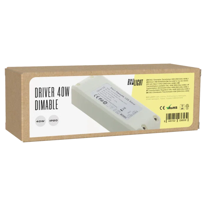 BX3 LIGHT Driver LED CM-40VADDR-EMI 40W 600mA 50-76VDC con protocolo DALI, Clase II, filtrado EMI, para iluminación profesional BX3 LIGHT Driver LED CM-40VADDR-EMI 40W 600mA 50-76VDC con protocolo DALI, Clase II, filtrado EMI, para iluminación profesional