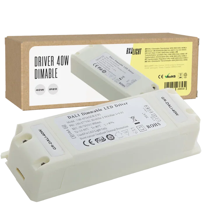 BX3 LIGHT Driver LED CM-40VADDR-EMI 40W 600mA 50-76VDC con protocolo DALI, Clase II, filtrado EMI, para iluminación profesional BX3 LIGHT Driver LED CM-40VADDR-EMI 40W 600mA 50-76VDC con protocolo DALI, Clase II, filtrado EMI, para iluminación profesional