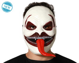 Máscara de Halloween Blanco con Lengua Roja Colgante y Sonrisa Macabra, Dientes Afilados, para Fiestas de Terror y Pasajes del Terror, Accesorio de Disfraz