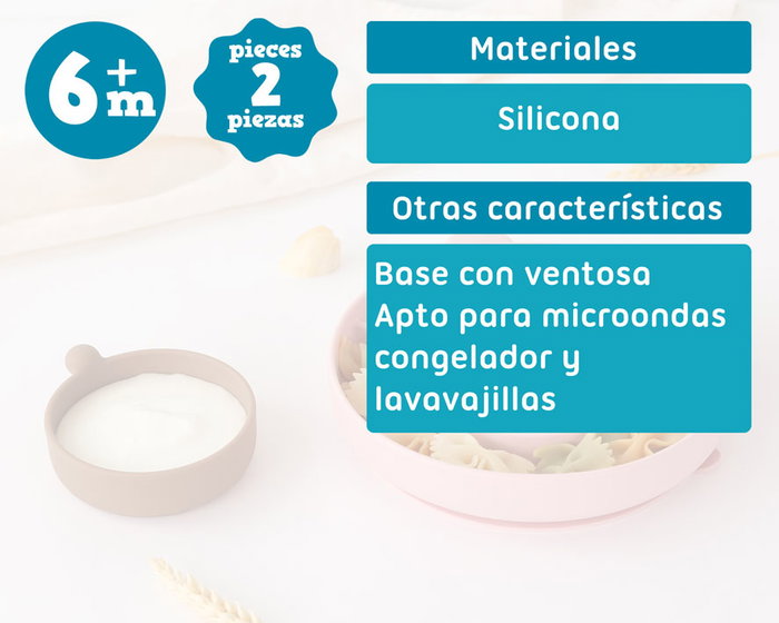 Kiokids Plato de Silicona con 3 Compartimentos, Ventosa y Diseño de Oso Rosa para Bebés +6 Meses, Baby Led Weaning, Apto Lavavajillas y Microondas