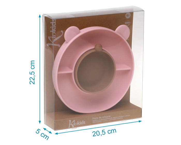 Kiokids Plato de Silicona con 3 Compartimentos, Ventosa y Diseño de Oso Rosa para Bebés +6 Meses, Baby Led Weaning, Apto Lavavajillas y Microondas