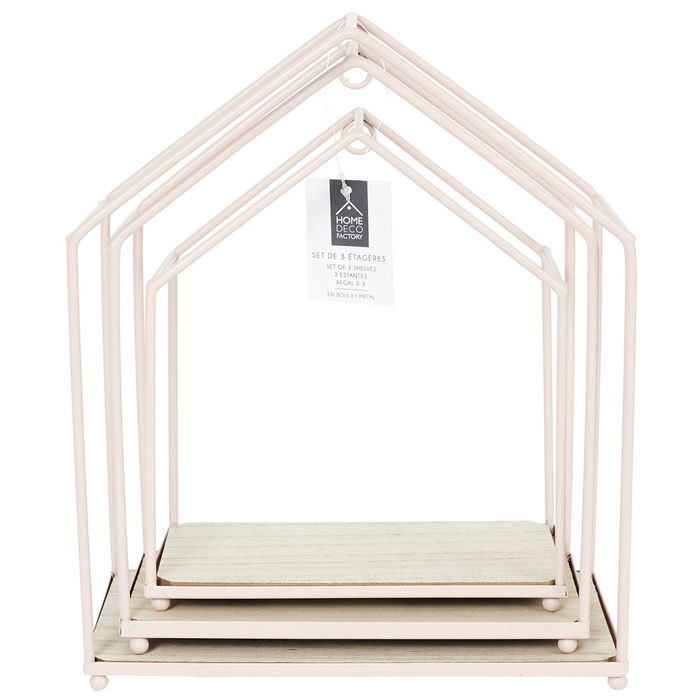 Home Deco Factory Juego de 3 Estantes Casa Rosa para Colgantes Rosa Metal y Madera 23x13x28 cm