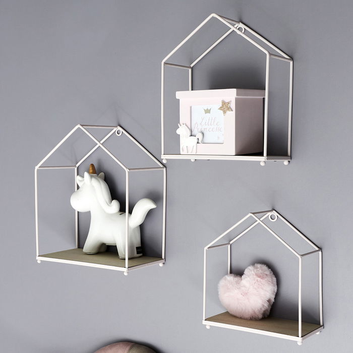 Home Deco Factory Juego de 3 Estantes Casa Rosa para Colgantes Rosa Metal y Madera 23x13x28 cm