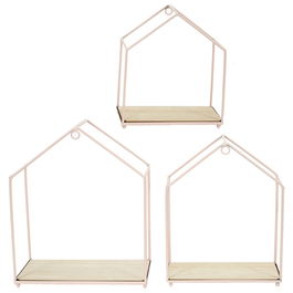 Home Deco Factory Juego de 3 Estantes Casa Rosa para Colgantes Rosa Metal y Madera 23x13x28 cm