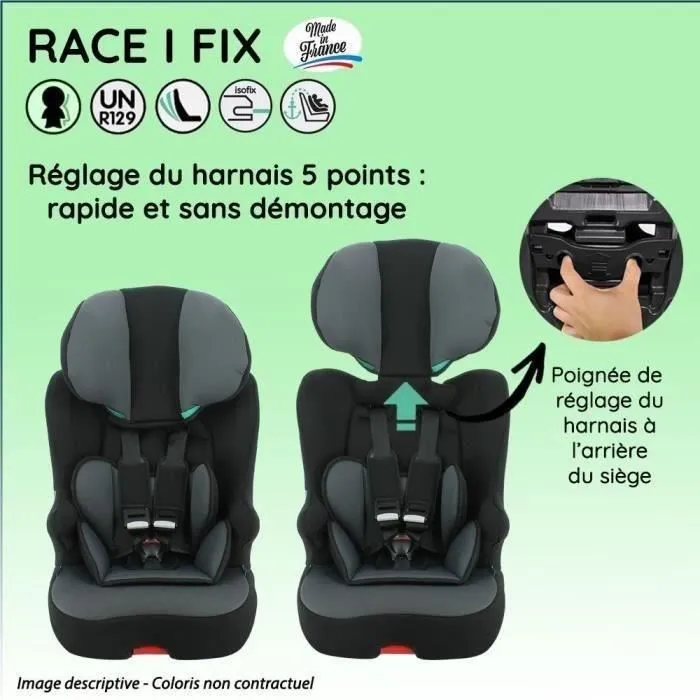 Silla de coche NANIA RACE I FIX isofix 76-140 cm R129 de 3 a 10 años Reposacabezas regulable Base basculante Negra Fabricación francesa Silla de coche NANIA RACE I FIX isofix 76-140 cm R129 de 3 a 10 años Reposacabezas regulable Base basculante Negra Fabricación francesa