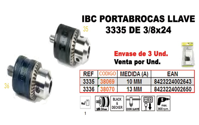 IBC Portabrocas con llave finstock 3-336 3/8x24 M-13 MM IBC Portabrocas con llave finstock 3-336 3/8x24 M-13 MM