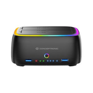 Conceptronic DONN36B Estación de acoplamiento de doble bahía con iluminación RGB y USB-C