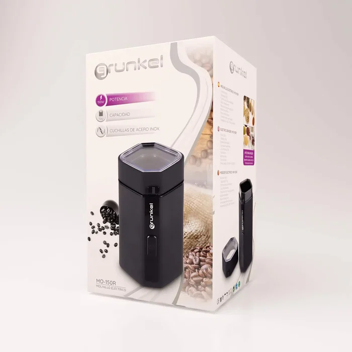 Grunkel Molinillo de Café Eléctrico MO-150NG, 150 W, 50 g de Capacidad, Cuchillas Acero Inoxidable, Visor Transparente, Negro