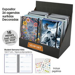 Agenda Anual (2025-26) Senfort 16 Meses Student Decorada Espiral Tapa Pp Con Goma 120X170 S/V Surtido Expositor De 24