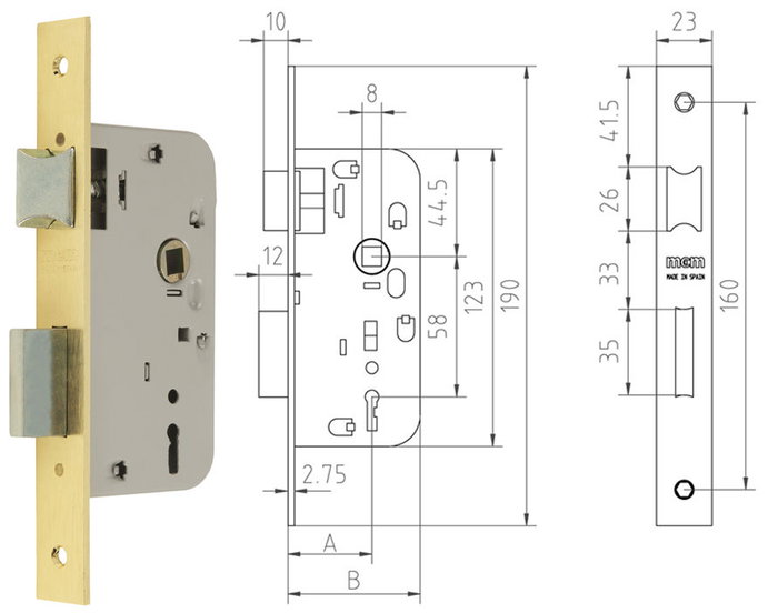 MCM Cerradura de embutir 1 punto 1508-2-45 con acabado latón MCM Cerradura de embutir 1 punto 1508-2-45 con acabado latón