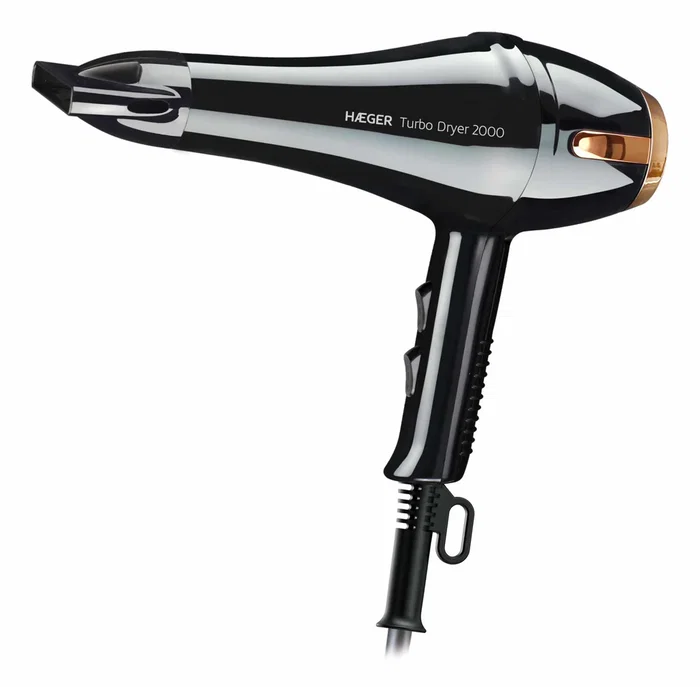HAEGER Secador de Pelo Turbo Dryer 2000 2000W Negro Cobre, Motor CC, 2 Velocidades y 3 Niveles de Temperatura, con Concentrador y Difusor