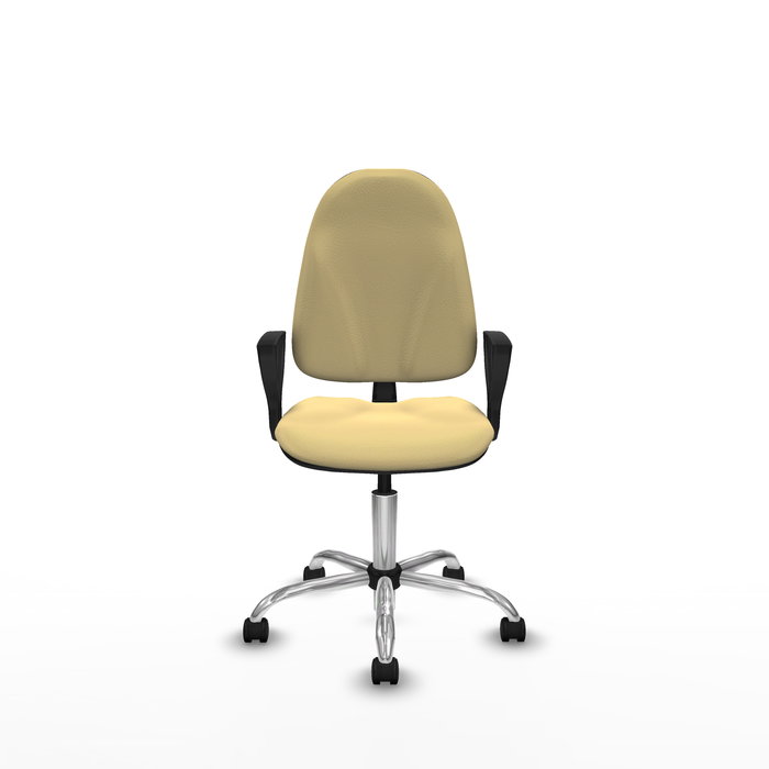 Silla de oficina Algarra con mecanismo Contacto permanente básico tapizada con Similpiel color Crema. Equipada con Base cromada, Brazos fijos y Ruedas de nailon 50 mm