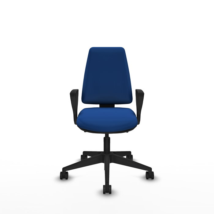 Silla de oficina Elche con mecanismo Asincro tapizada con Similpiel color Azul. Equipada con Base piramidal negra, Brazos fijos y Ruedas 65mm nailon