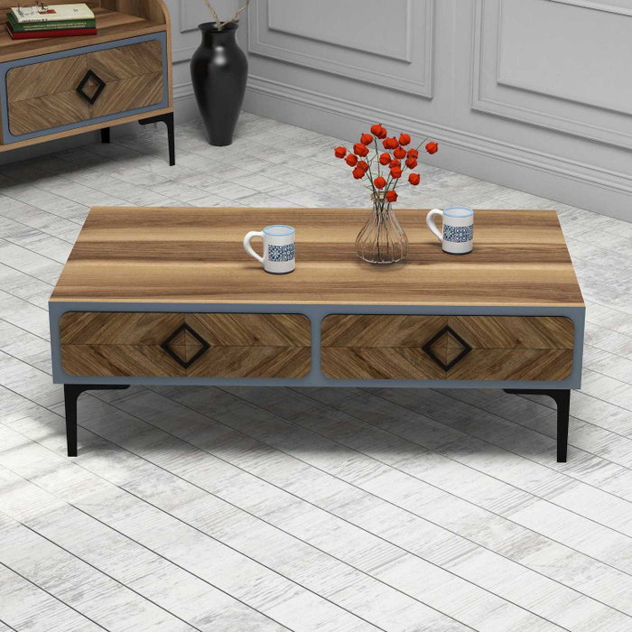 Hanah Home Conjunto Muebles Sala Estar Industrial Nogal y Azul, Unidad TV, Estantes Pared y Mesa Café Elegante y Moderno