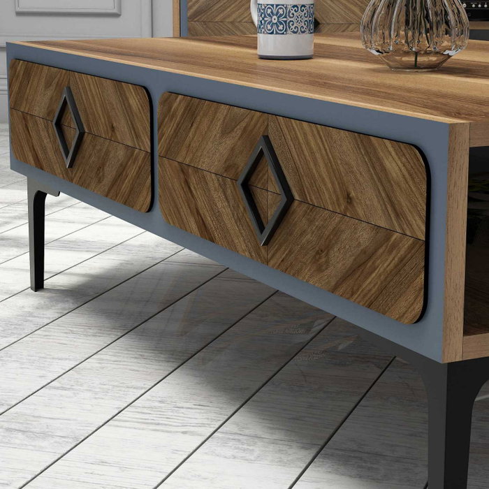 Hanah Home Conjunto Muebles Sala Estar Industrial Nogal y Azul, Unidad TV, Estantes Pared y Mesa Café Elegante y Moderno