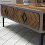 Hanah Home Conjunto Muebles Sala Estar Industrial Nogal y Azul, Unidad TV, Estantes Pared y Mesa Café Elegante y Moderno