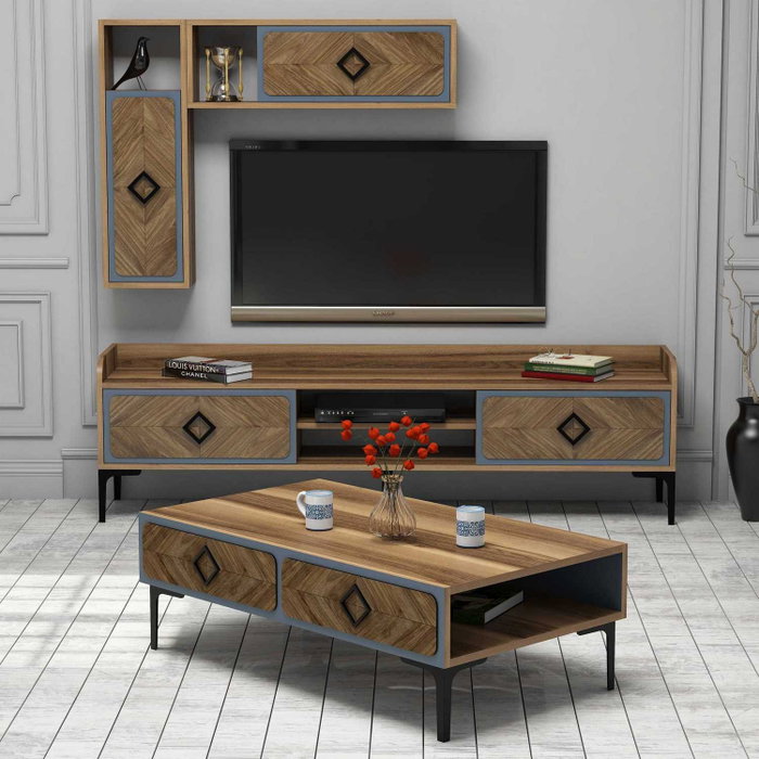 Hanah Home Conjunto Muebles Sala Estar Industrial Nogal y Azul, Unidad TV, Estantes Pared y Mesa Café Elegante y Moderno