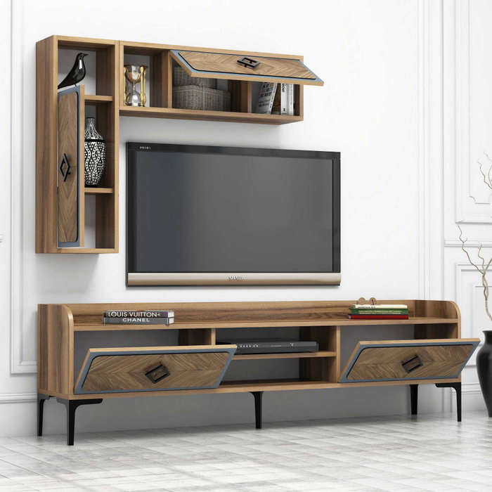 Hanah Home Conjunto Muebles Sala Estar Industrial Nogal y Azul, Unidad TV, Estantes Pared y Mesa Café Elegante y Moderno