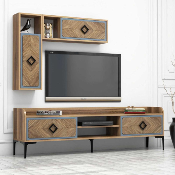 Hanah Home Conjunto Muebles Sala Estar Industrial Nogal y Azul, Unidad TV, Estantes Pared y Mesa Café Elegante y Moderno