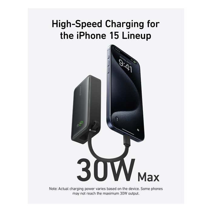 Anker A1259G11 545 Nano PowerBank 10000 mAh Negro PD 30W Carga Rápida USB-C con Cable para Teléfono Móvil, Smartphone, Tableta, Reloj