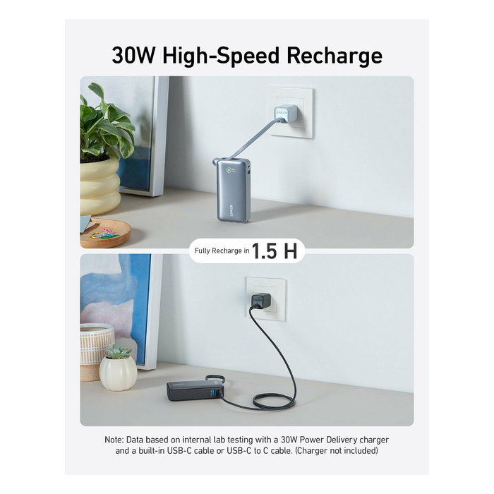 Anker A1259G11 545 Nano PowerBank 10000 mAh Negro PD 30W Carga Rápida USB-C con Cable para Teléfono Móvil, Smartphone, Tableta, Reloj