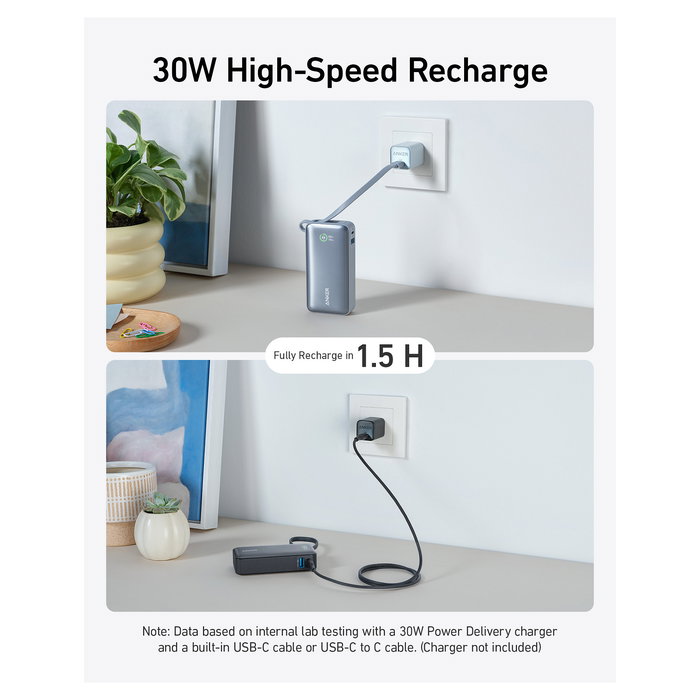 Anker A1259G11 545 Nano PowerBank 10000 mAh Negro PD 30W Carga Rápida USB-C con Cable para Teléfono Móvil, Smartphone, Tableta, Reloj
