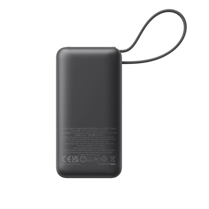 Anker PowerCore Nano Powerbank 10000 mAh A1259G11, carga rápida PD 30W, color negro, compatibilidad universal