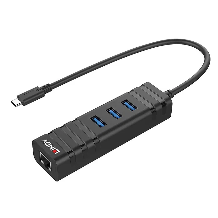 Lindy 43249 Hub USB 3.2 Gen1 Type-C con 3 Puertos USB-A y Puerto Gigabit Ethernet RJ-45, 5000 Mbit/s, Negro