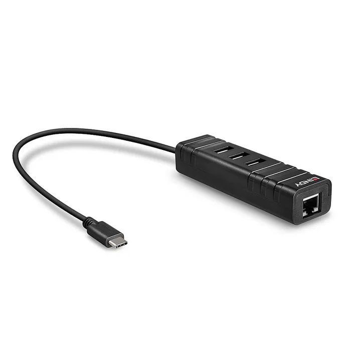 Lindy 43249 Hub USB 3.2 Gen1 Type-C con 3 Puertos USB-A y Puerto Gigabit Ethernet RJ-45, 5000 Mbit/s, Negro