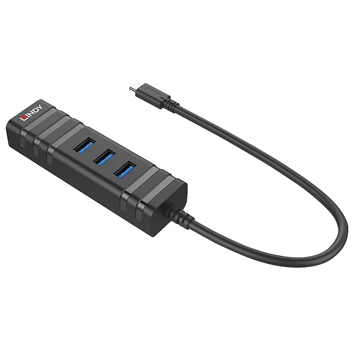 Lindy 43249 Hub USB 3.2 Gen1 Type-C con 3 Puertos USB-A y Puerto Gigabit Ethernet RJ-45, 5000 Mbit/s, Negro