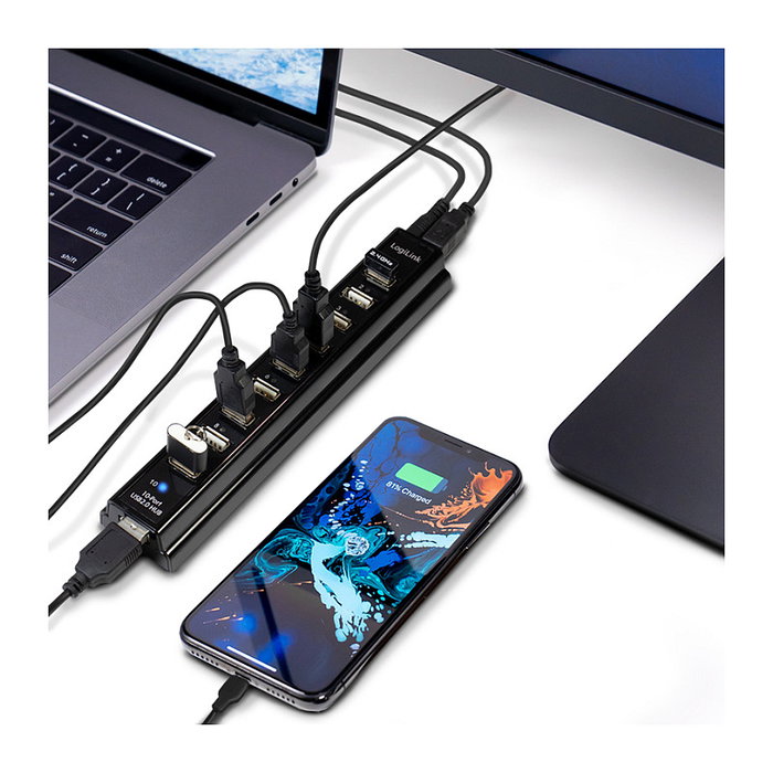LogiLink UA0096 Hub USB 2.0 con 10 puertos y fuente de alimentación, Negro