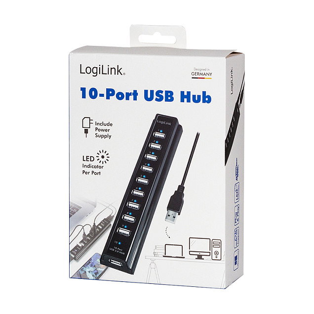 LogiLink UA0096 Hub USB 2.0 con 10 puertos y fuente de alimentación, Negro
