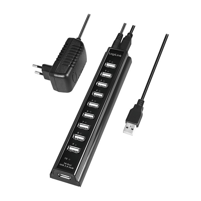 LogiLink UA0096 Hub USB 2.0 con 10 puertos y fuente de alimentación, Negro