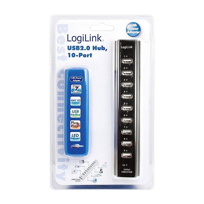 LogiLink UA0096 Hub USB 2.0 Activo de 10 Puertos con Fuente de Alimentación 480 Mbit/s, Negro, Certificaciones ROHS CE FCC