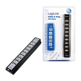 LogiLink UA0096 Hub USB 2.0 Activo de 10 Puertos con Fuente de Alimentación 480 Mbit/s, Negro, Certificaciones ROHS CE FCC