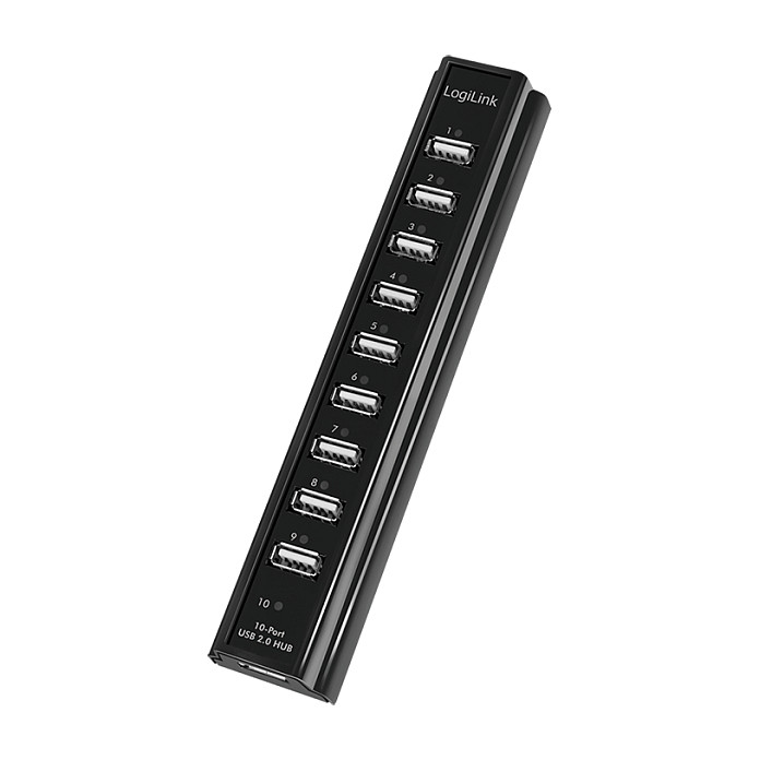 LogiLink UA0096 Hub USB 2.0 con 10 puertos y fuente de alimentación, Negro