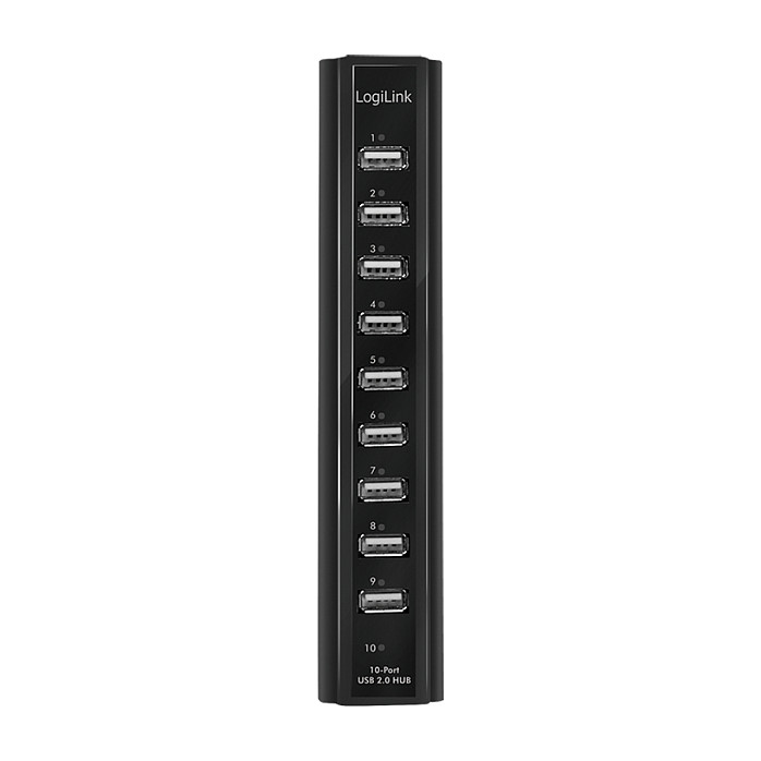 LogiLink UA0096 Hub USB 2.0 con 10 puertos y fuente de alimentación, Negro