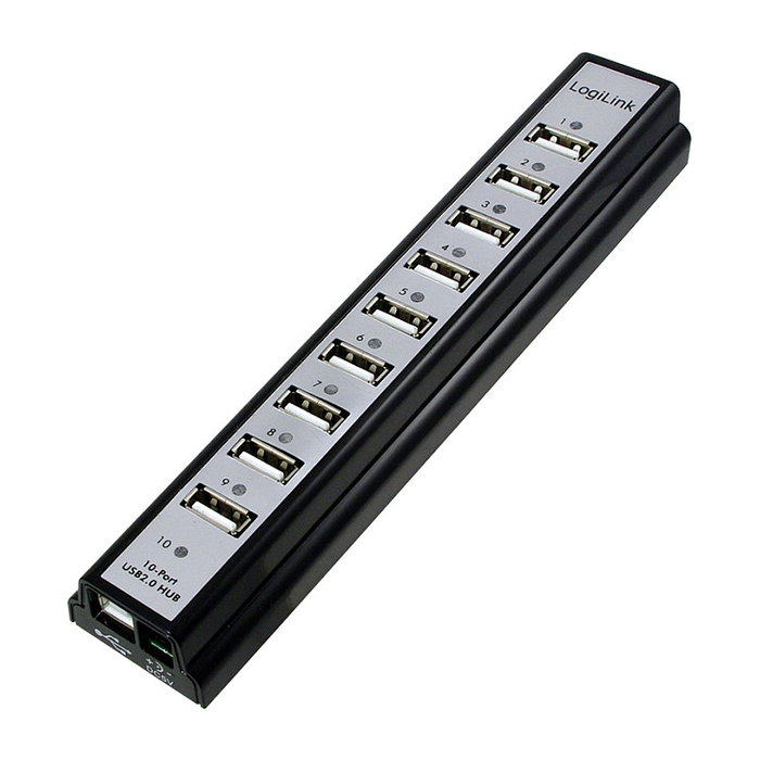LogiLink UA0096 Hub USB 2.0 Activo de 10 Puertos con Fuente de Alimentación 480 Mbit/s, Negro, Certificaciones ROHS CE FCC