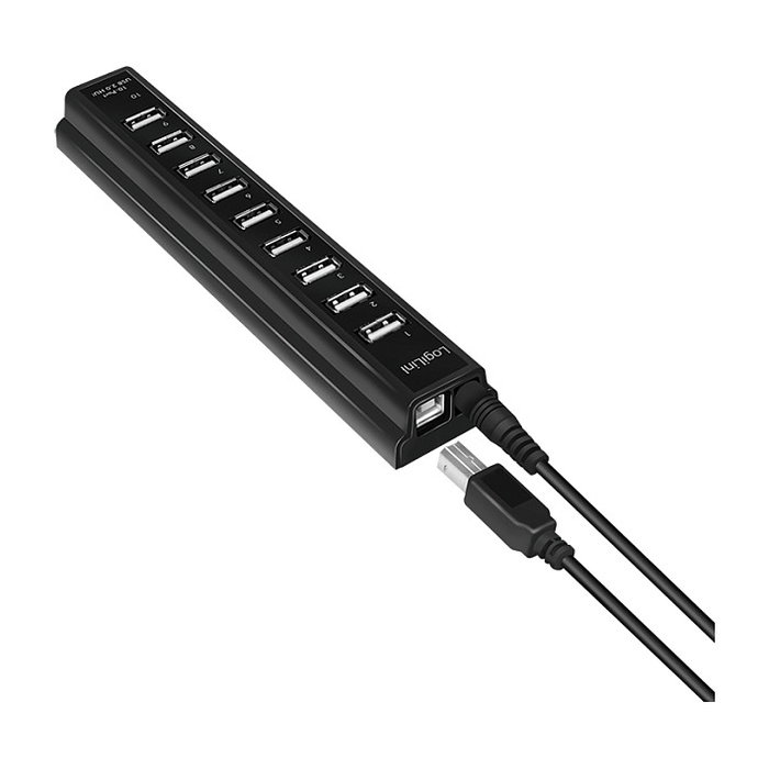 LogiLink UA0096 Hub USB 2.0 con 10 puertos y fuente de alimentación, Negro