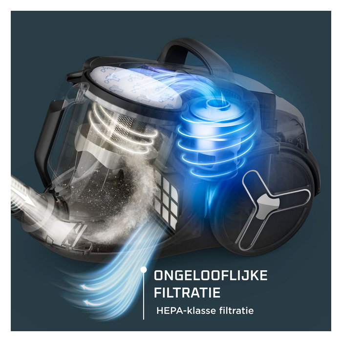 Rowenta Green Force Cyclonic Effitech RO7C36 Aspiradora sin Bolsa Cilíndrica 500W 2.5L HEPA, 99.98% Eficiencia, Negro/Gris/Azul