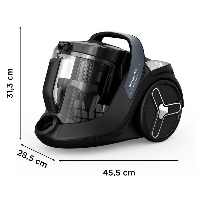 Rowenta Green Force Cyclonic Effitech RO7C36 Aspiradora sin Bolsa Cilíndrica 500W 2.5L HEPA, 99.98% Eficiencia, Negro/Gris/Azul