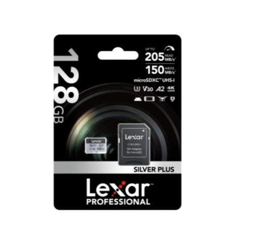 Lexar Tarjeta MicroSDXC Silver Plus 128GB UHS-I U3 V30 A2 hasta 205MB/s Lectura con Adaptador LMSSIPL128G-BNANG