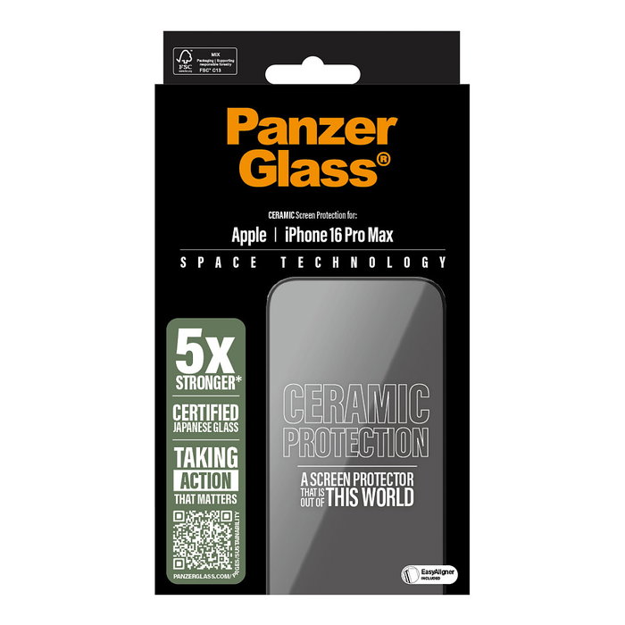 PanzerGlass Protector de Pantalla Ceramic para iPhone 16 Pro Max UWF Ultra-Wide Fit con EasyAligner