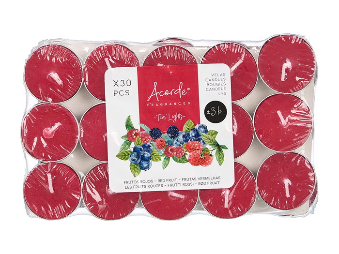 Acorde Set 30 Velas Tea Light Frutos Rojos 3H 19x11.2x2.7 cm Rojo Cera (Set de 24)